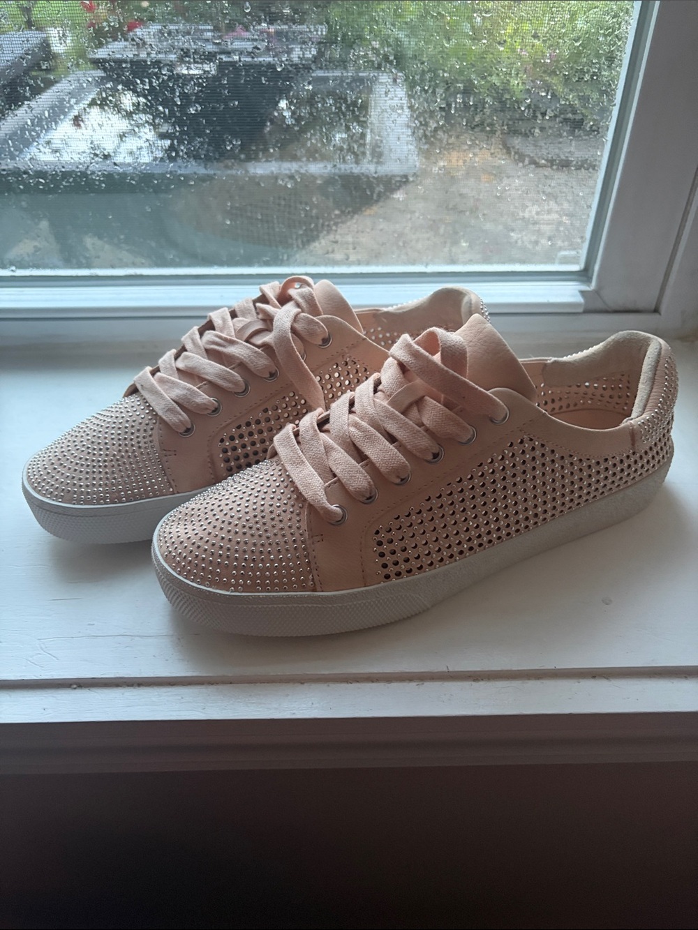 Vince Camuto Blush Pink Rhinestone-Accent Lace-Up Sneakers